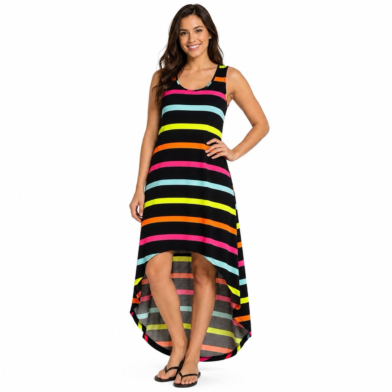 Magazine Maxi Dress M Neon Stripe High Low Sleeveless Stretch Resort