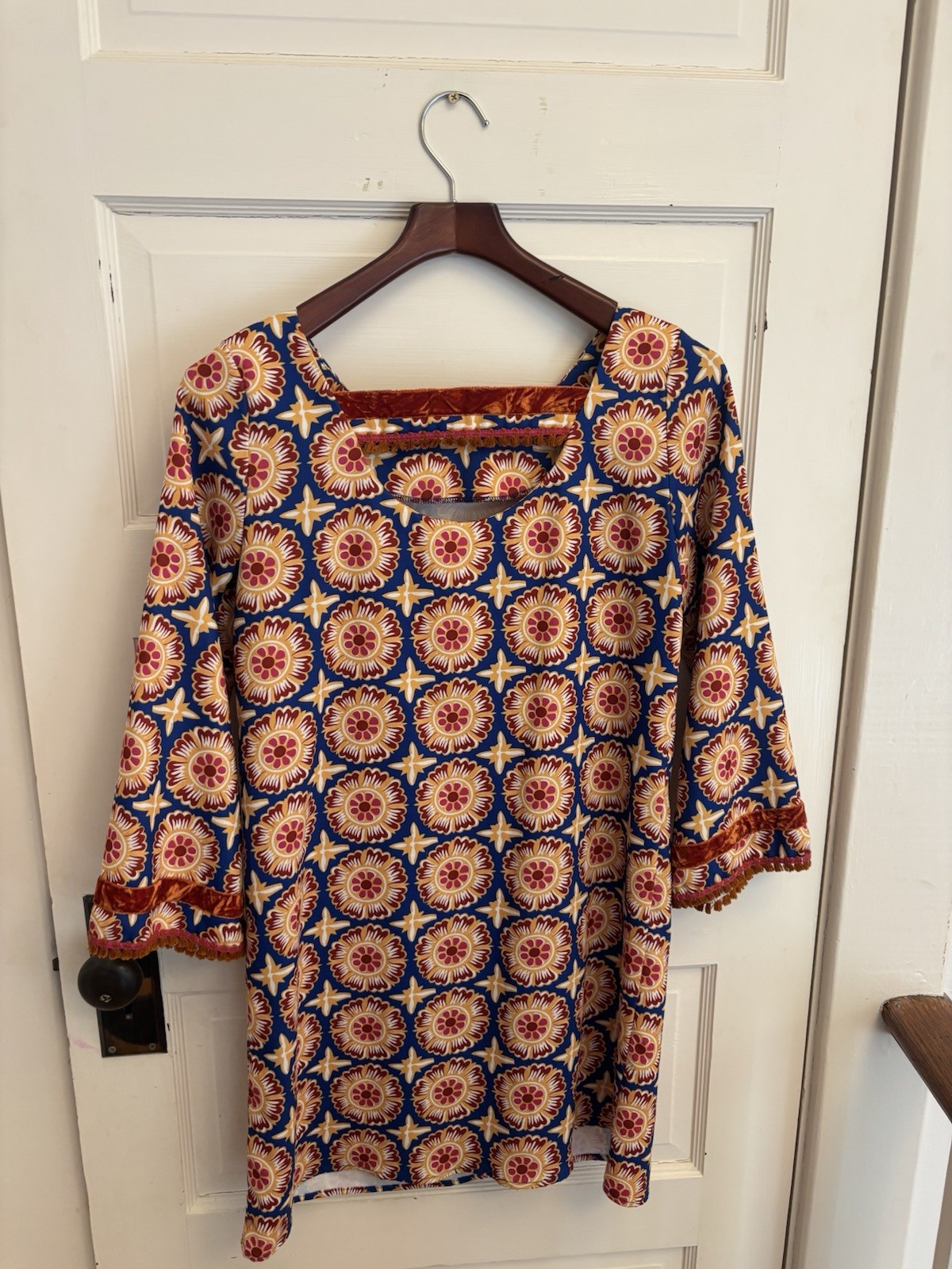 Uncle Frank Women’s Blue Floral Shift Dress 3/4 Sleeve Fringe Velvet Size XS