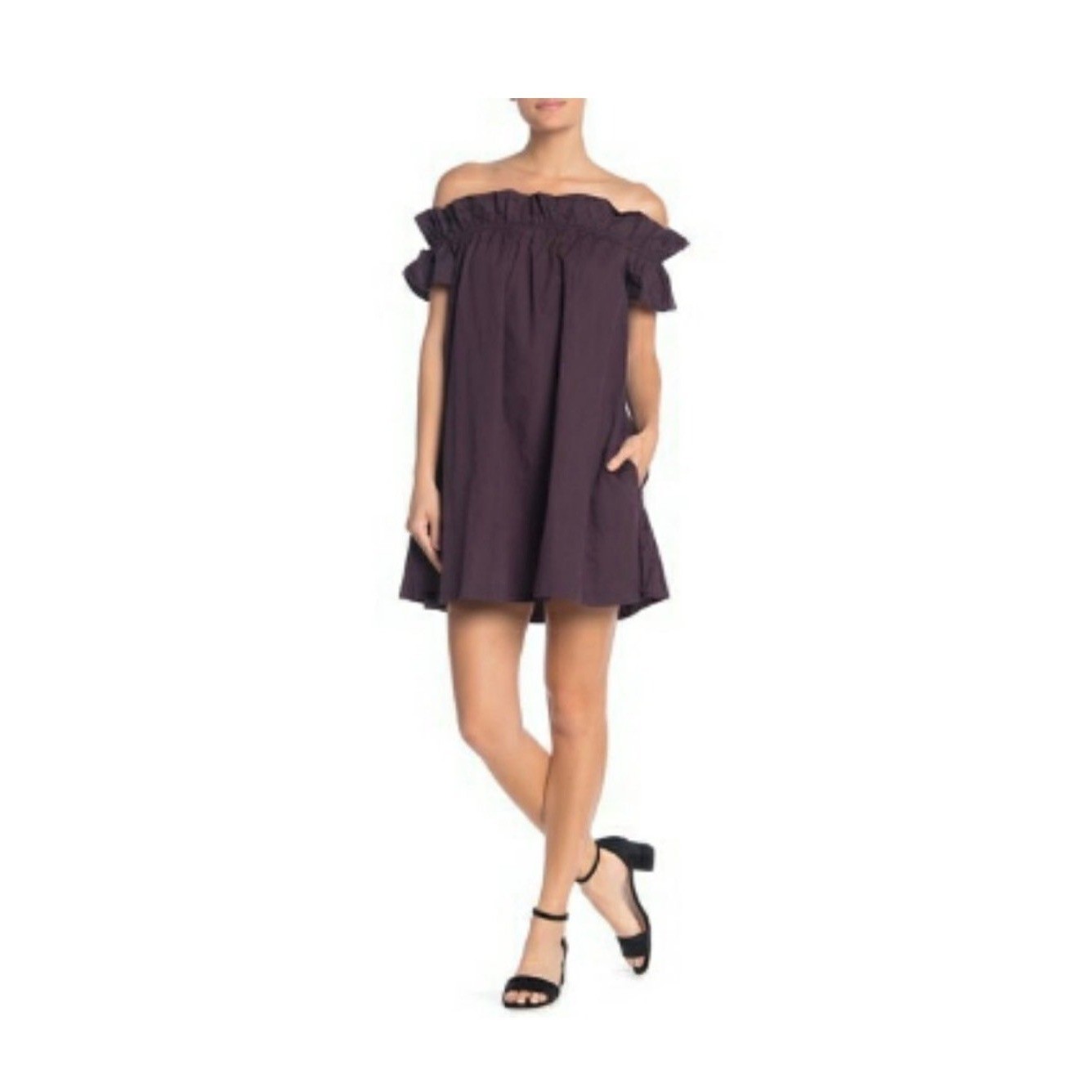 Free People Off The Shoulder Ruffle Mini Dress Plum Purple Cotton Pockets Small