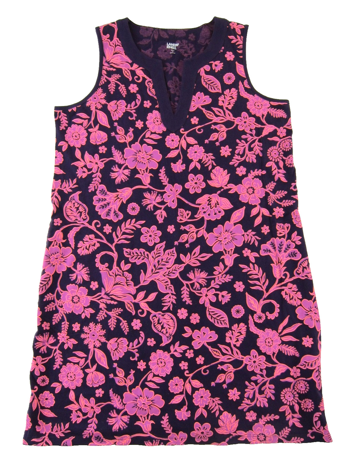 New Lands End Pink Purple Floral Cotton Pocket V-Neck Pocket Tunic Dress XL/L