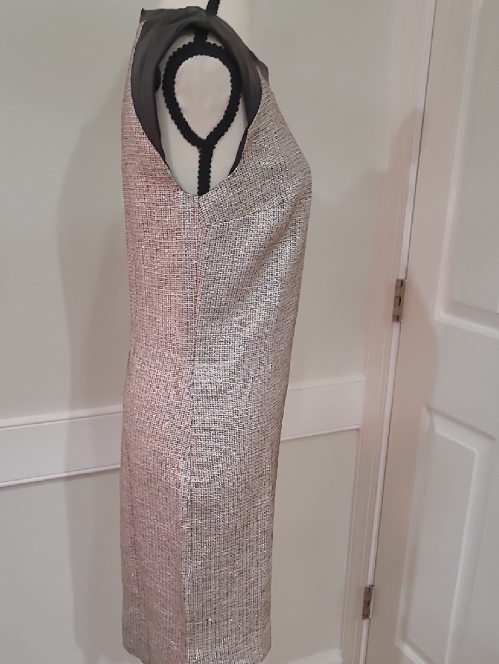 M & S Limited Edition Sleeveless Tweed Shift Dress with Black Faux-Leather Trim