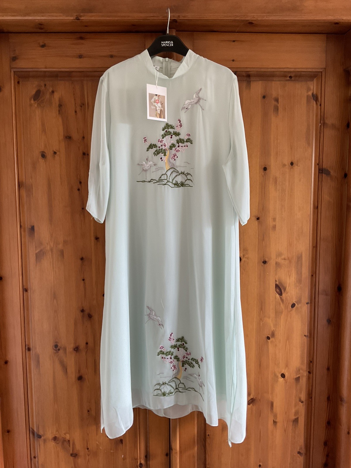 Ladies Floral Embroidery Midi Dress Mesh Sleeve Chinese Ethnic Gown Elegant