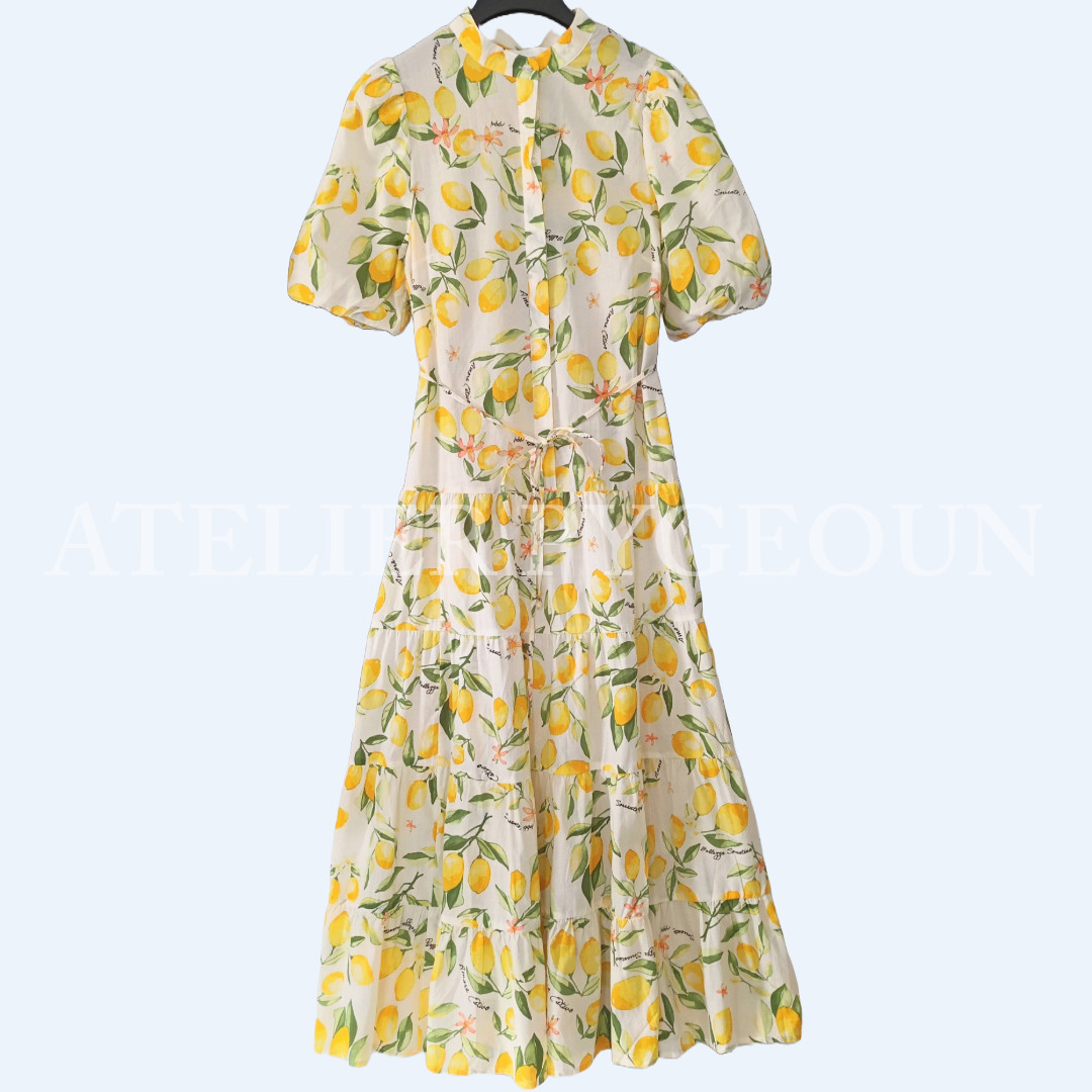 NWT H&M Cotton Maxi Dress w/ Balloon Sleeves White/lemons 1275645003 XS S M XL