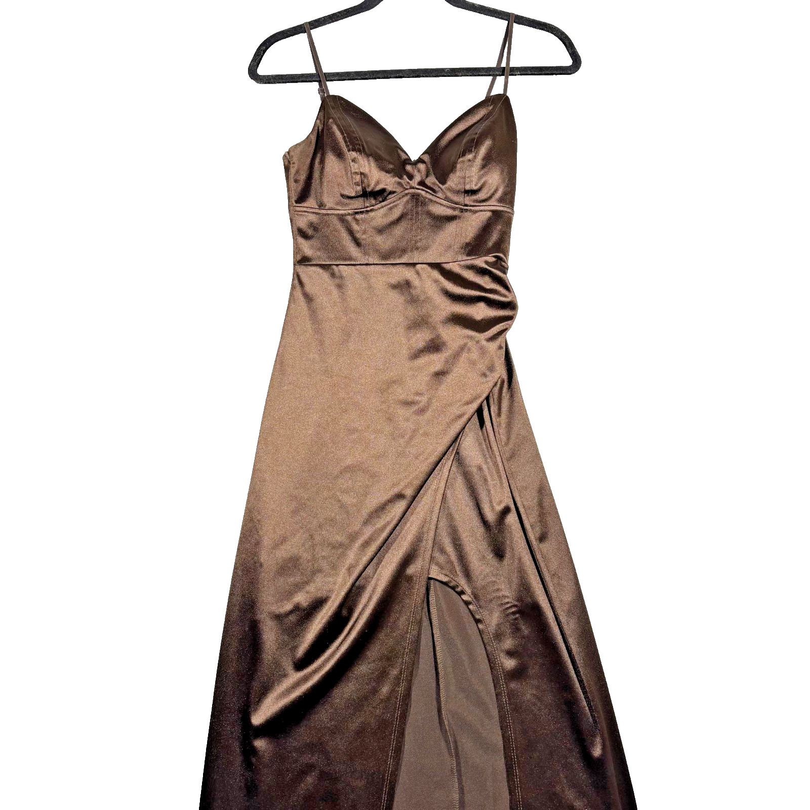 Honey And Rosie Satin Maxi Dress Brown Waist Side Slit Women’s Size Small