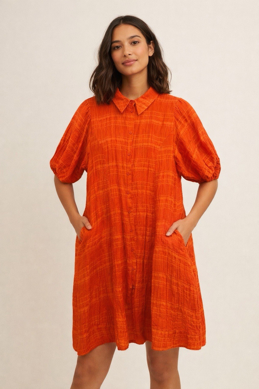 Oliver Bonas Orange Button Front Textured Lined Shirt Dress W/pockets Size 8 EUC