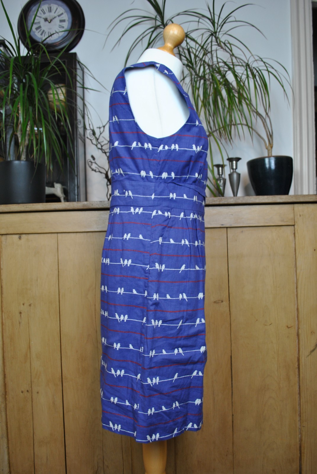 Poem by Oliver Bonas Blue Bird Print Cotton Sleeveless Fit & Flare Dress Size 12