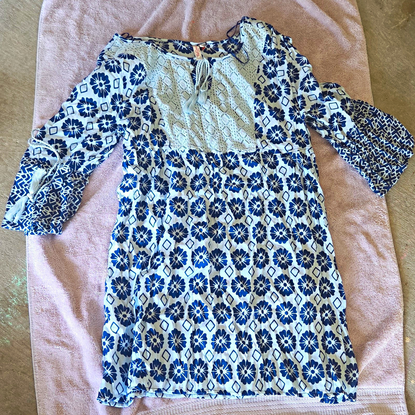 Red Camel Women’s Mini Dress Geometric Lace Yoke Tassel Drawstring Blue XS