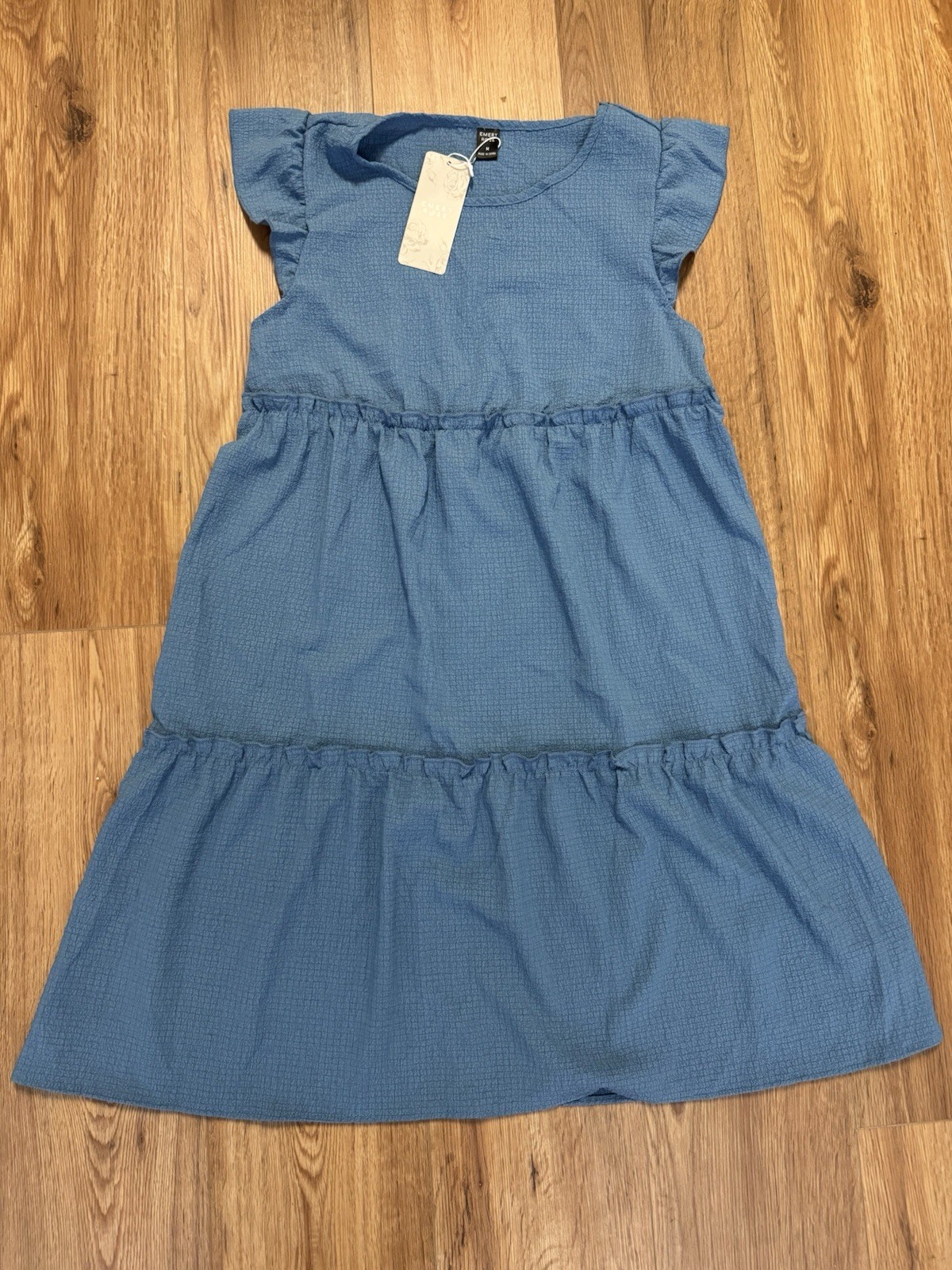 Boho Babydoll Cottagecore Emery Rose Blue Crinkle Knee Length Tiered Dress M