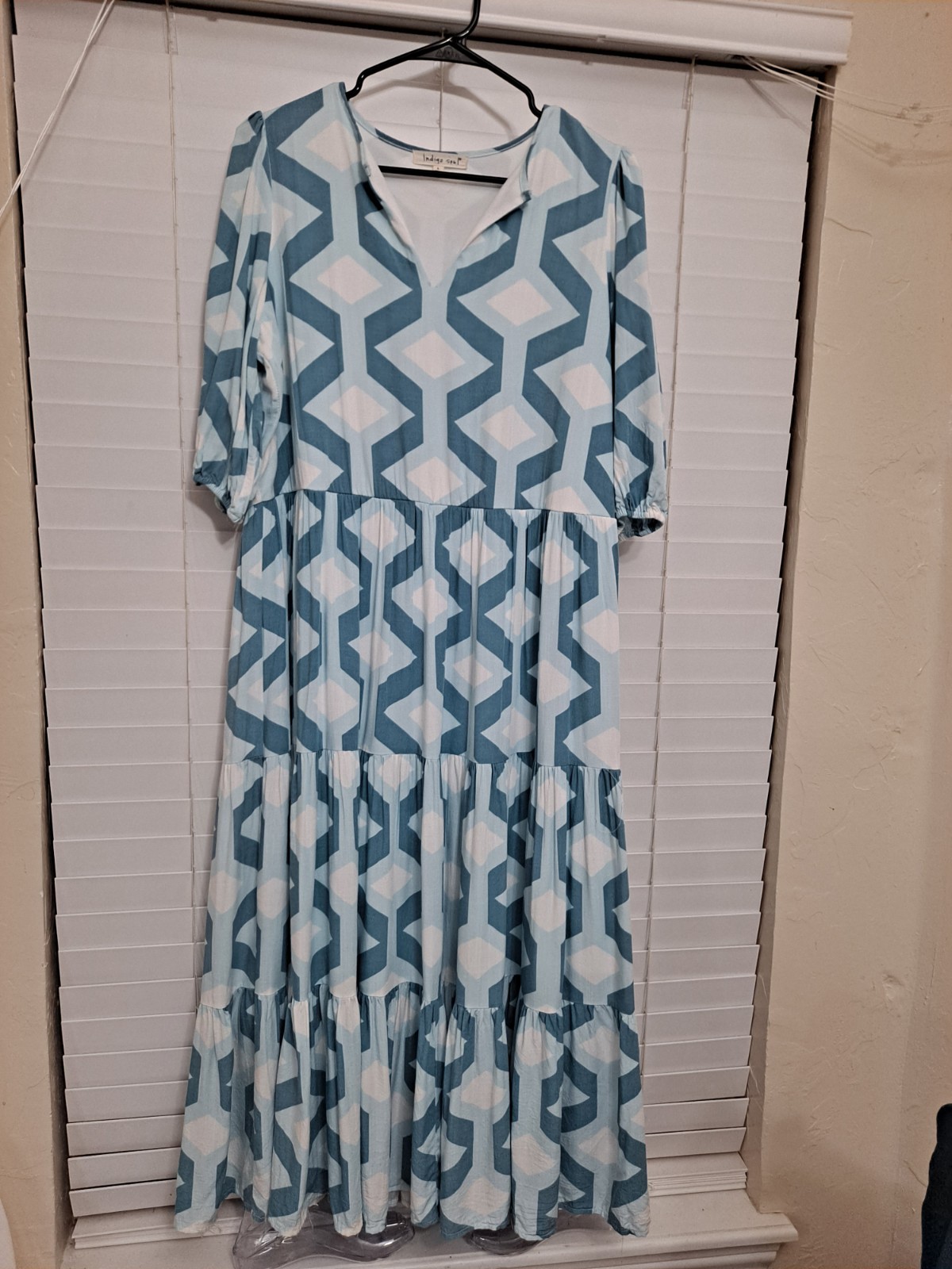 Indigo Soul Blue Chevron Geometric Maxi Dress Size Large 3/4 Sleeve Boho Hippie
