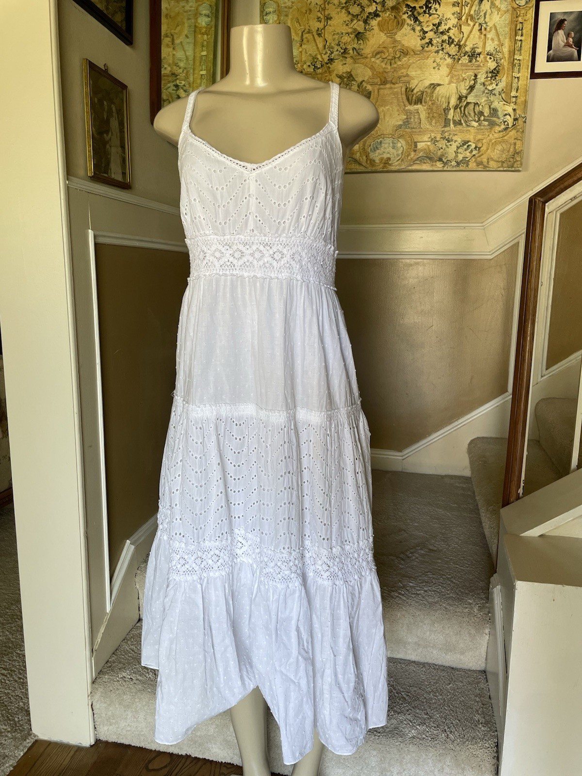 Spenser Jeremy White Eyelet Lace Spaghetti Strap Dress Sz 10 Prairie Bohemin EUC