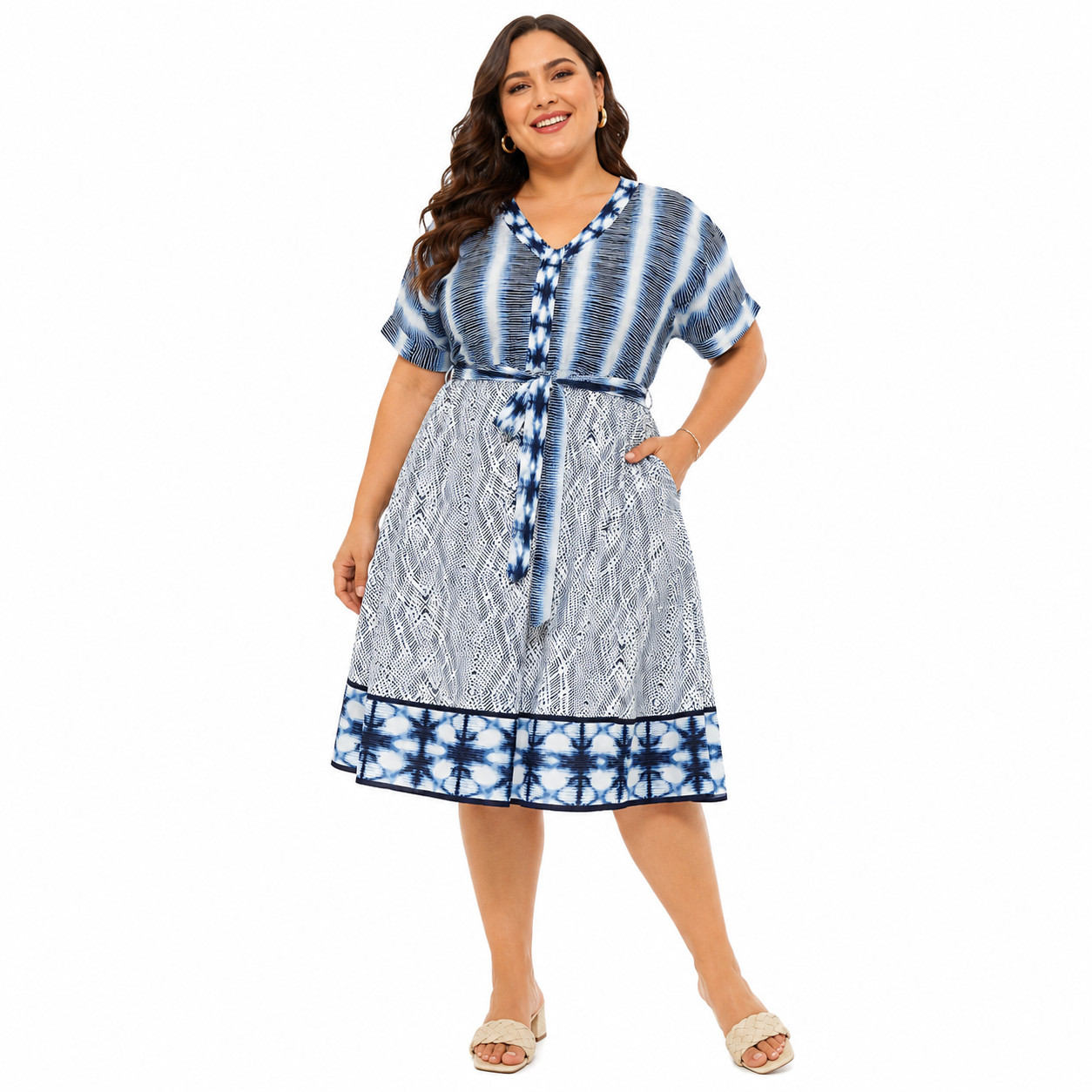 Harper & Liv A Line Women’s Dress Plus 18 Tie Dye V Neck Belted Waist Party Wear