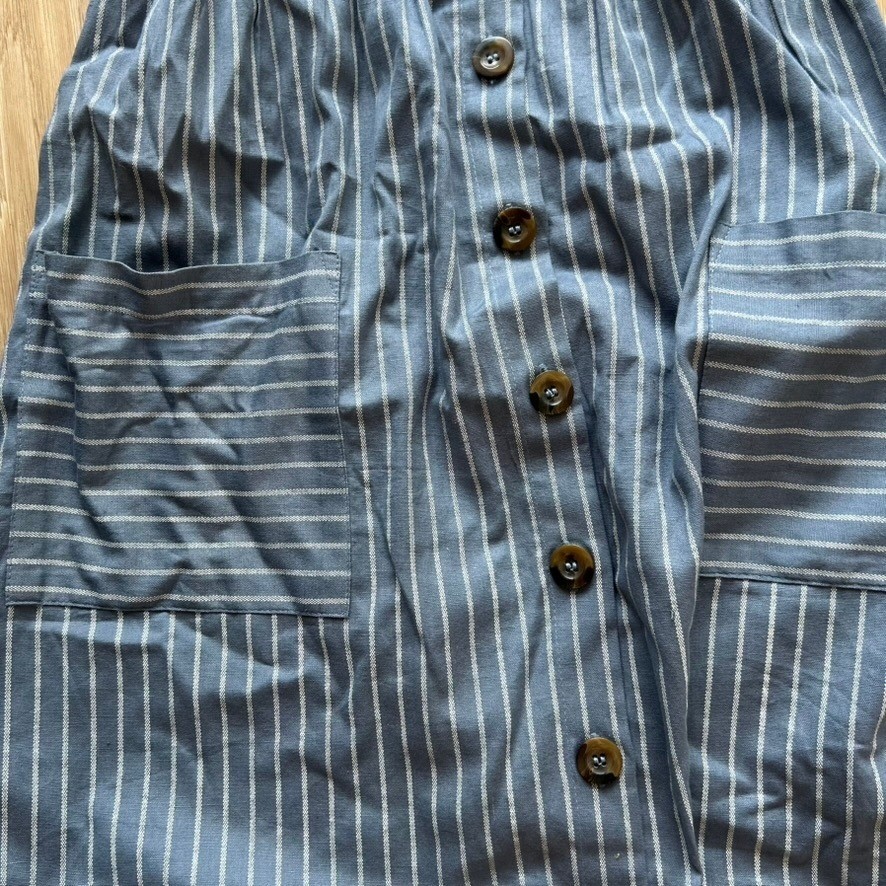 Blue Striped Cami Smocked Sundress Pockets Midi Dress S Button Front 100% Cotton