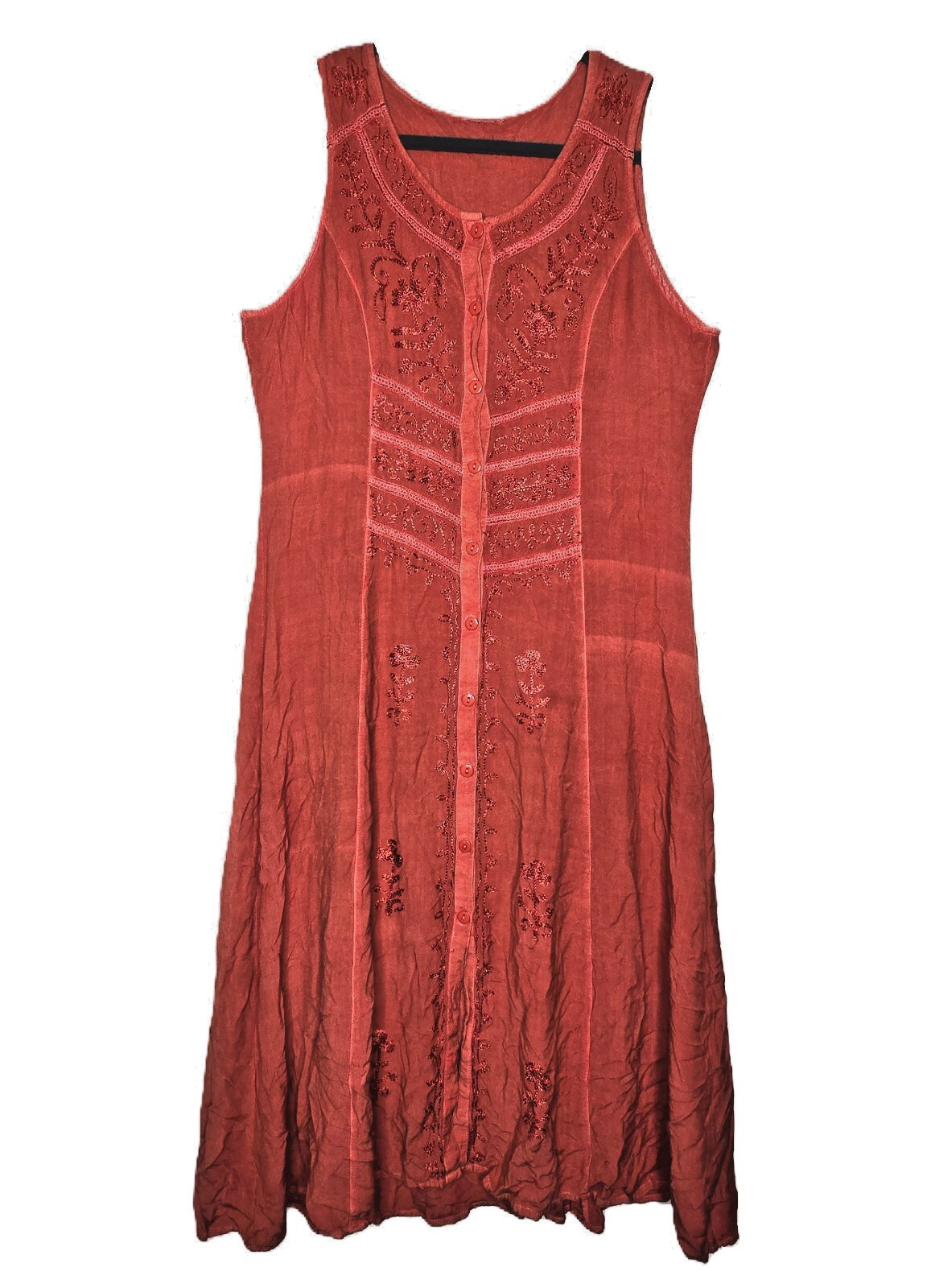 Embroidered Button Up Rust Orange M Tank Dress Waist ties Hippie Boho Artisanal