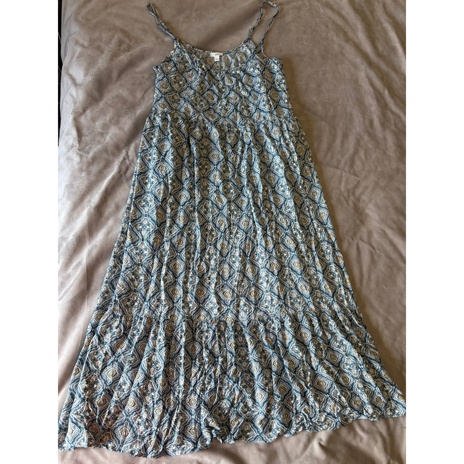 Dip Womens Blue Geometric Medallion Print Maxi Dress Size L Spaghetti Strap