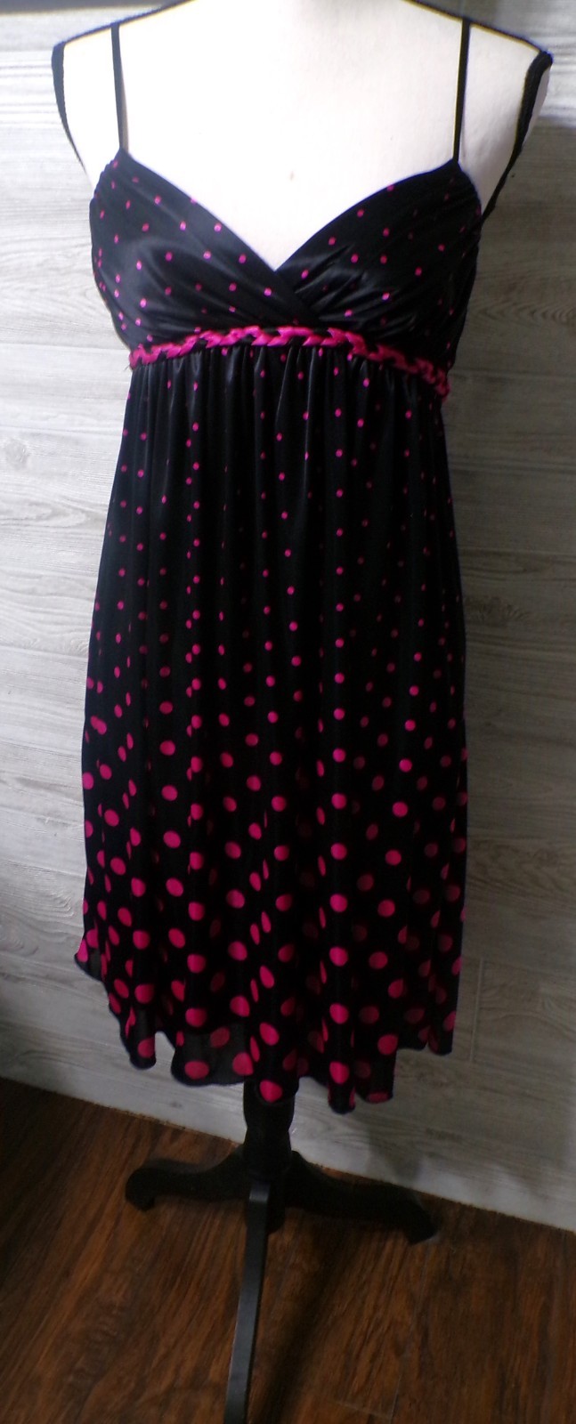 Y2k Ruby Rox Babydoll Mini Dress M Satin Black Pink Polk Dots Fairy Whimsigoth