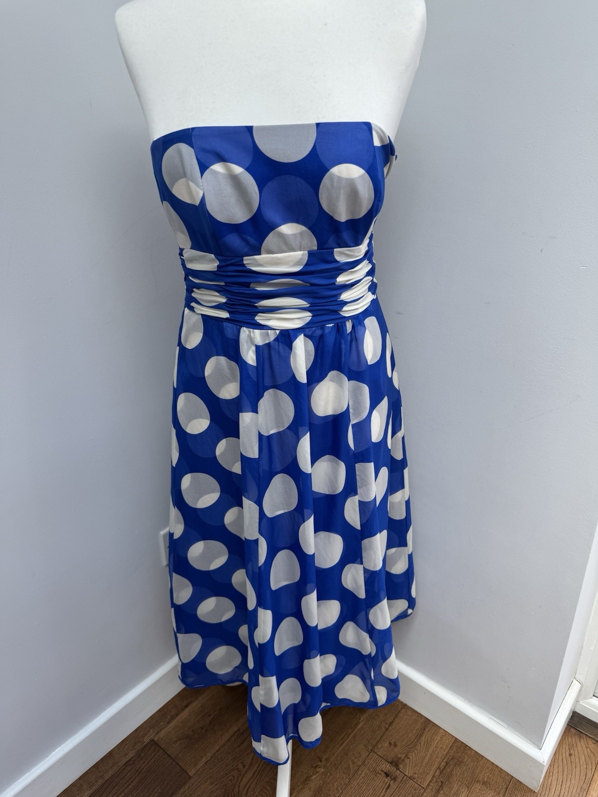 Monsoon Silk Dress Size 10 Blue White Polka Dot Spotty Fit Flare Strapless Y2K