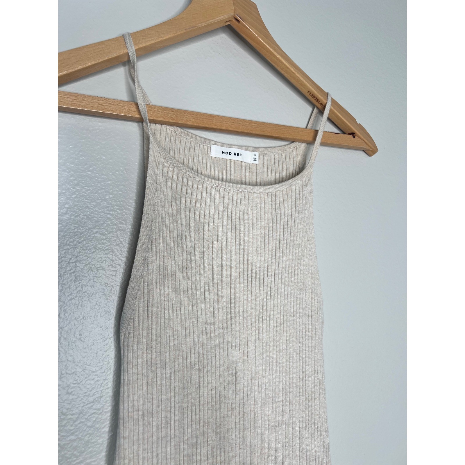 MOD REF Ribbed Knit Tank Maxi Dress Beige Spaghetti Strap Side Slit Size S