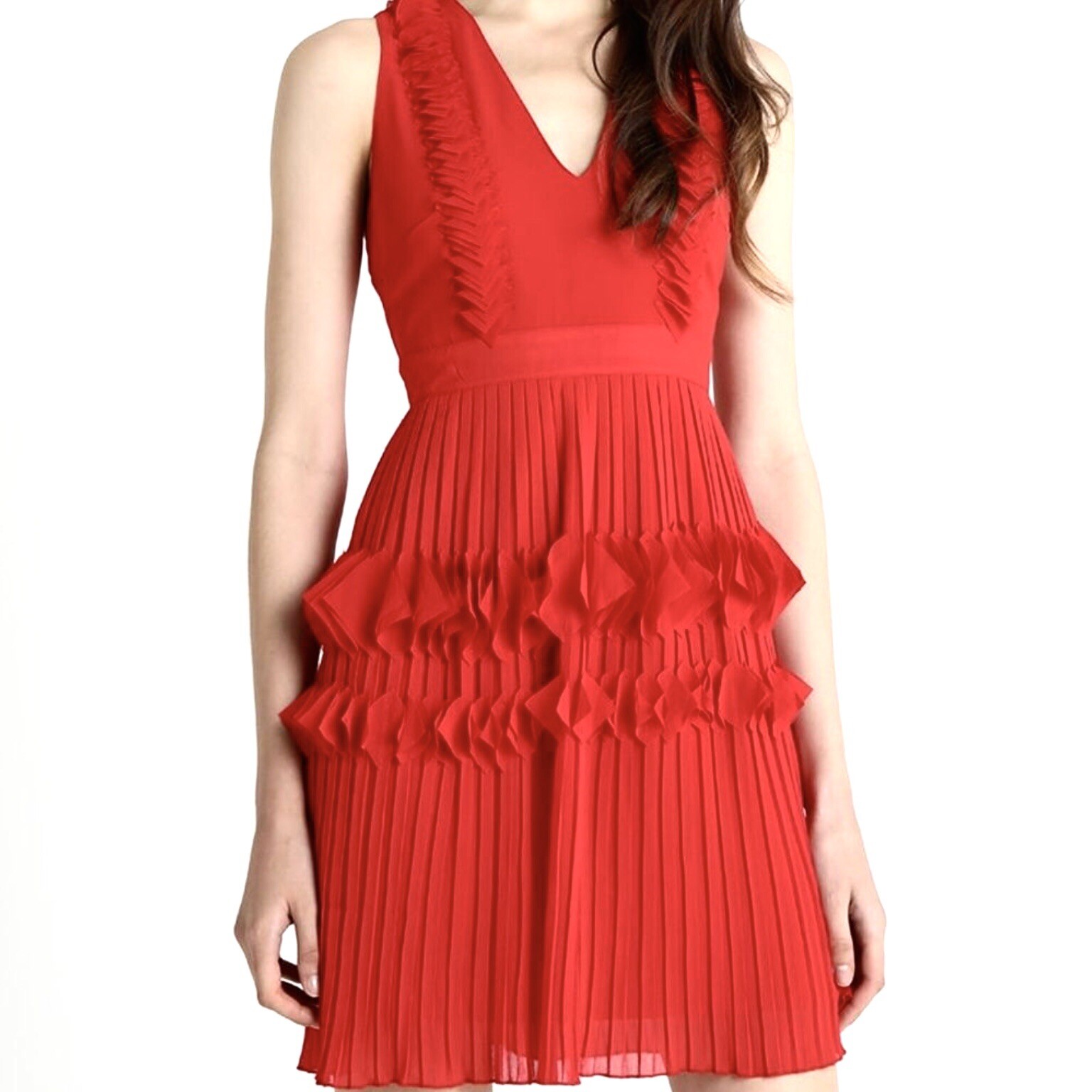Foxiedox Red Pleated Ruffle Dress Sz S VNeck Zipper Lined Wedding Guest Party