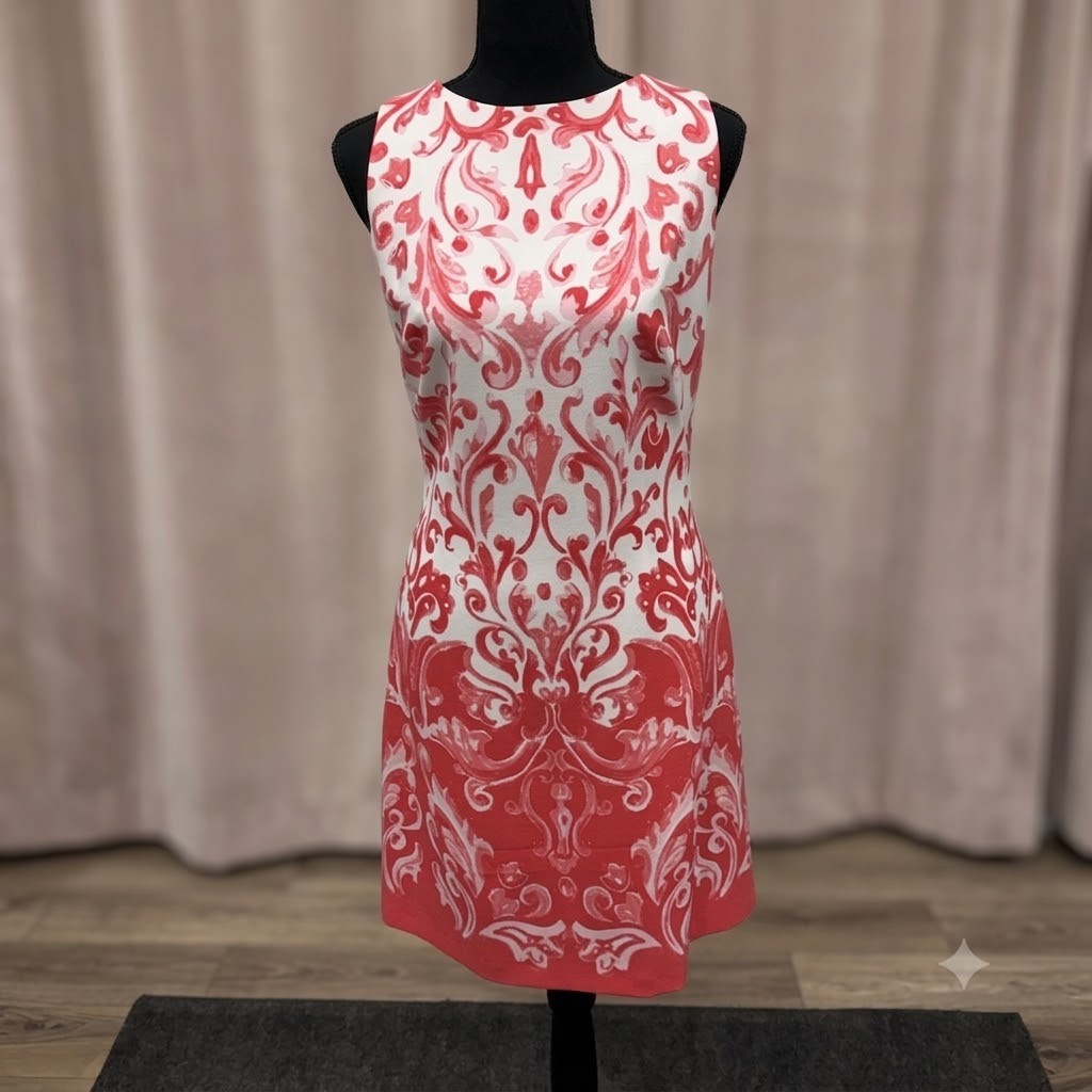 Sleeveless Red White Damask Baroque Cocktail Dress Women Sz Back Zip