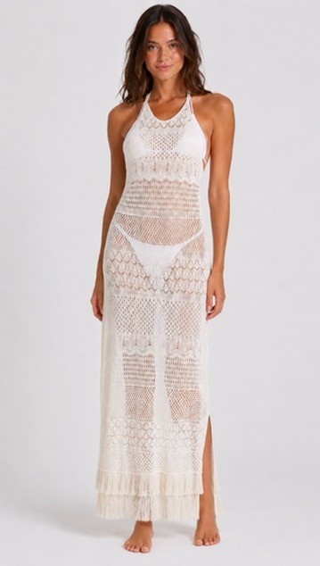 Milly Cabana White Crochet Halter Backless Maxi Dress with Fringe – sz L