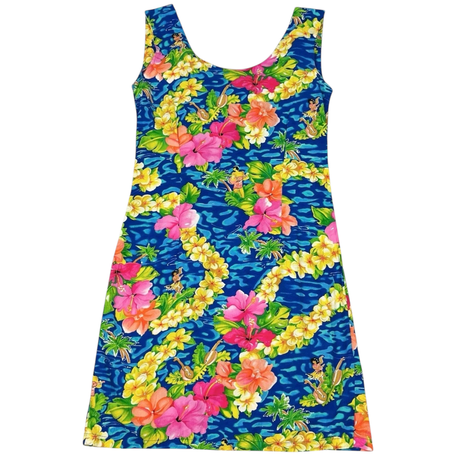 Vintage Jams World Dress Womens Medium Blue Hawaiian Floral Aloha Mini 90s Beach