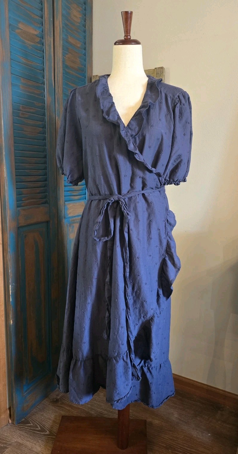 Old Navy Embroidered Floral Ruffle Hi-Low Wrap Dress Women XL Navy Puff Slv