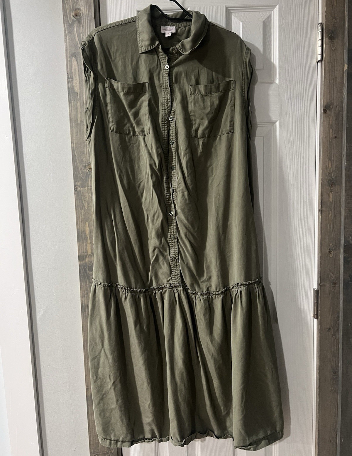 Isabel Olive Green Solid Button Front Collared Midi Shirt Dress Pockets M