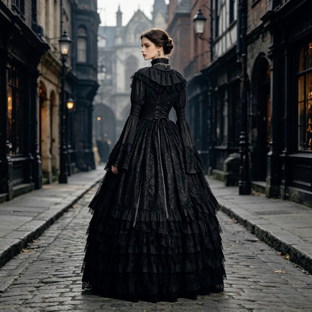 Gothic Black Prom Dresses Medieval Victorian Tier Column Ruffles Lace for Party