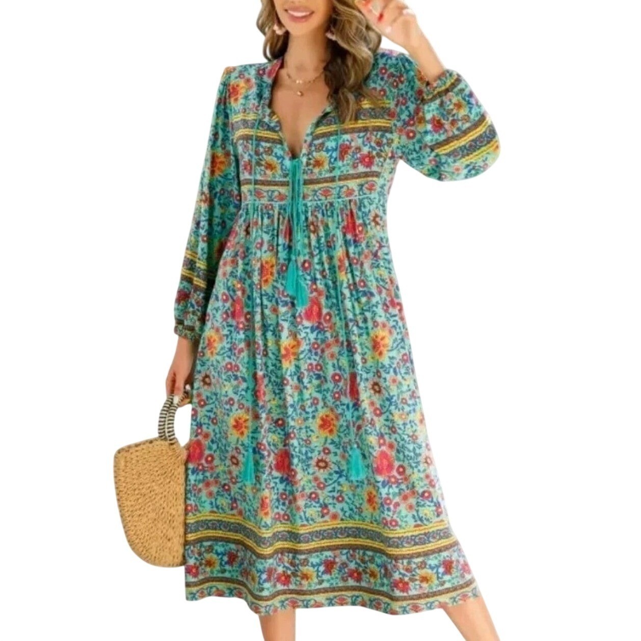 R Vivimos Turquoise Prarie Floral Print Maxi Dress boho Hippie Cottagecore Sz S
