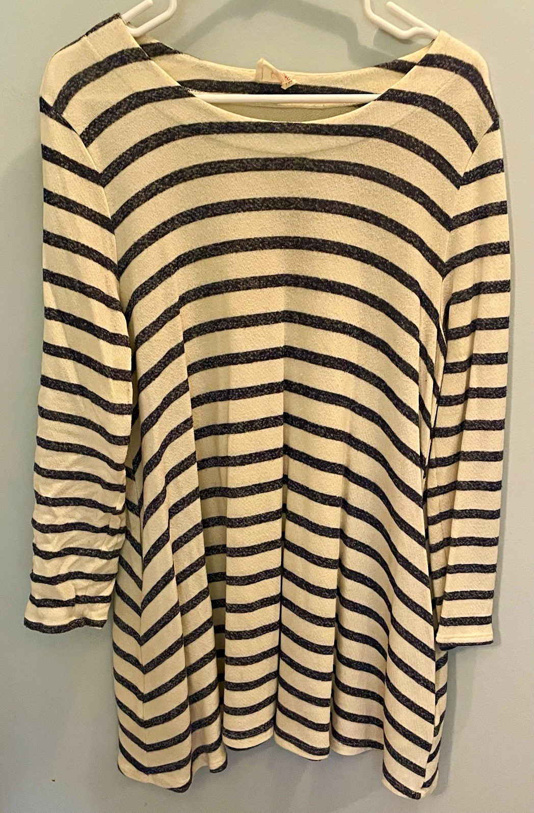 Fantastic Fawn Cream/Black Striped Tunic Dress Boat Neck 3/4 Sleeve Knit L
