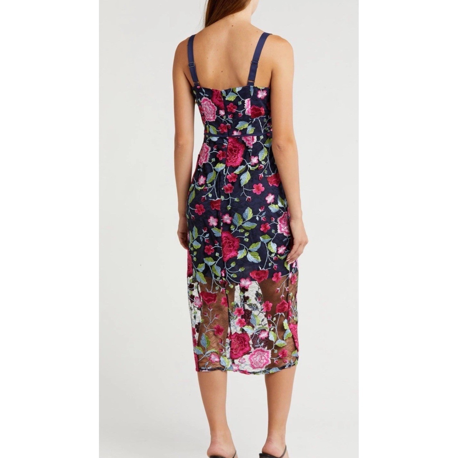 Sam Edelman Peony Embroidery Midi Dress Navy Floral Lace Slit Women 10 Whimsical