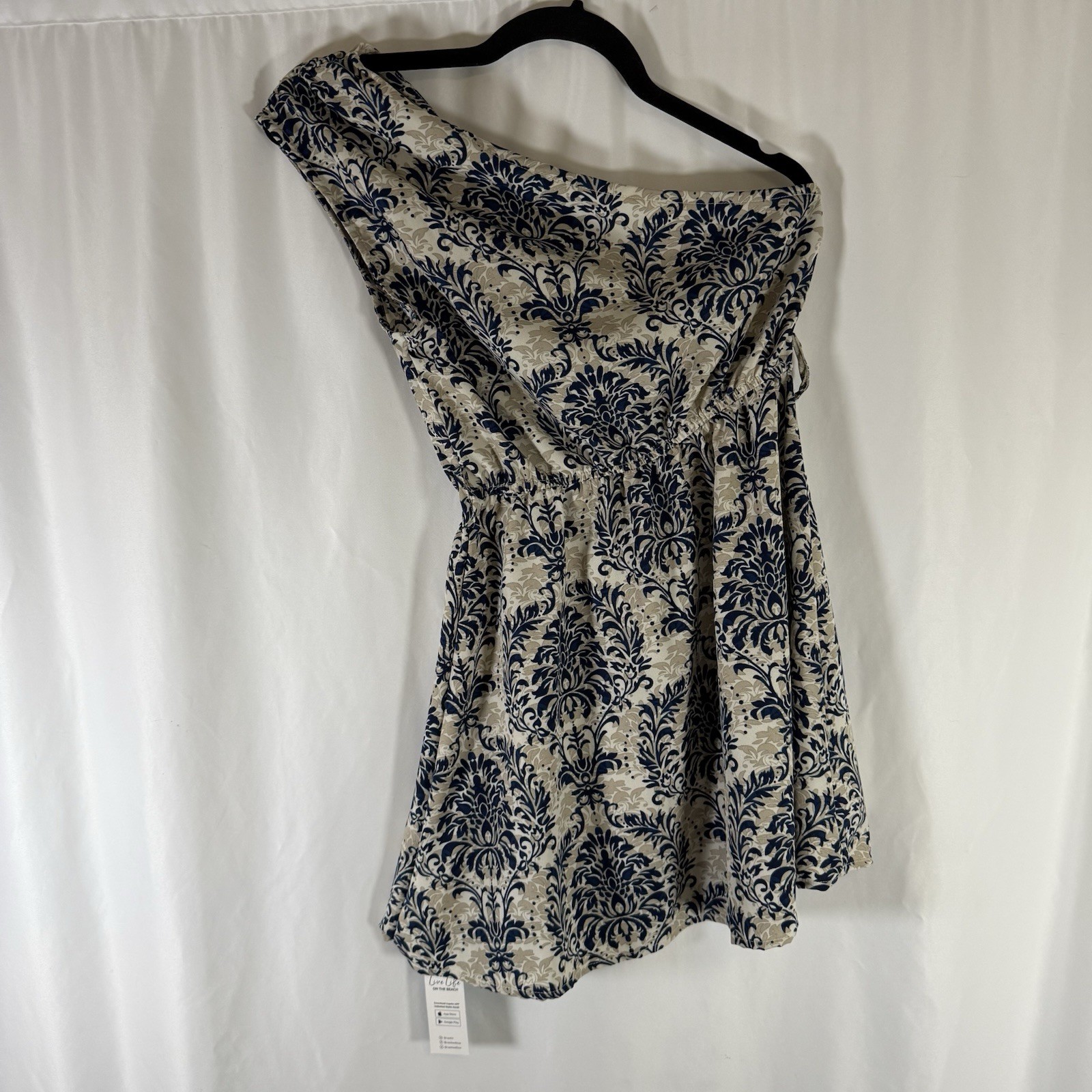 New Cupshe Beach Dress Women’s XS Beige Blue Floral Elastic Waist Missing Belt