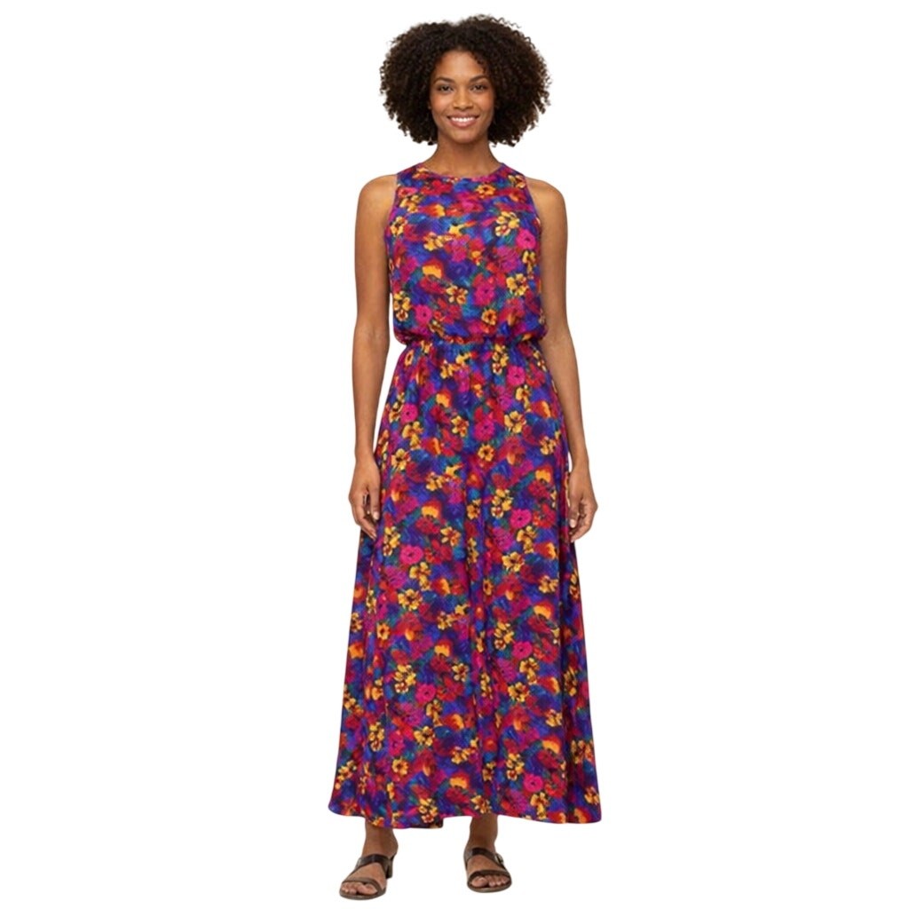 Vintage 90s Women’s 11/12 Summer Maxi Dress Made in USA Colorful Floral Rayon
