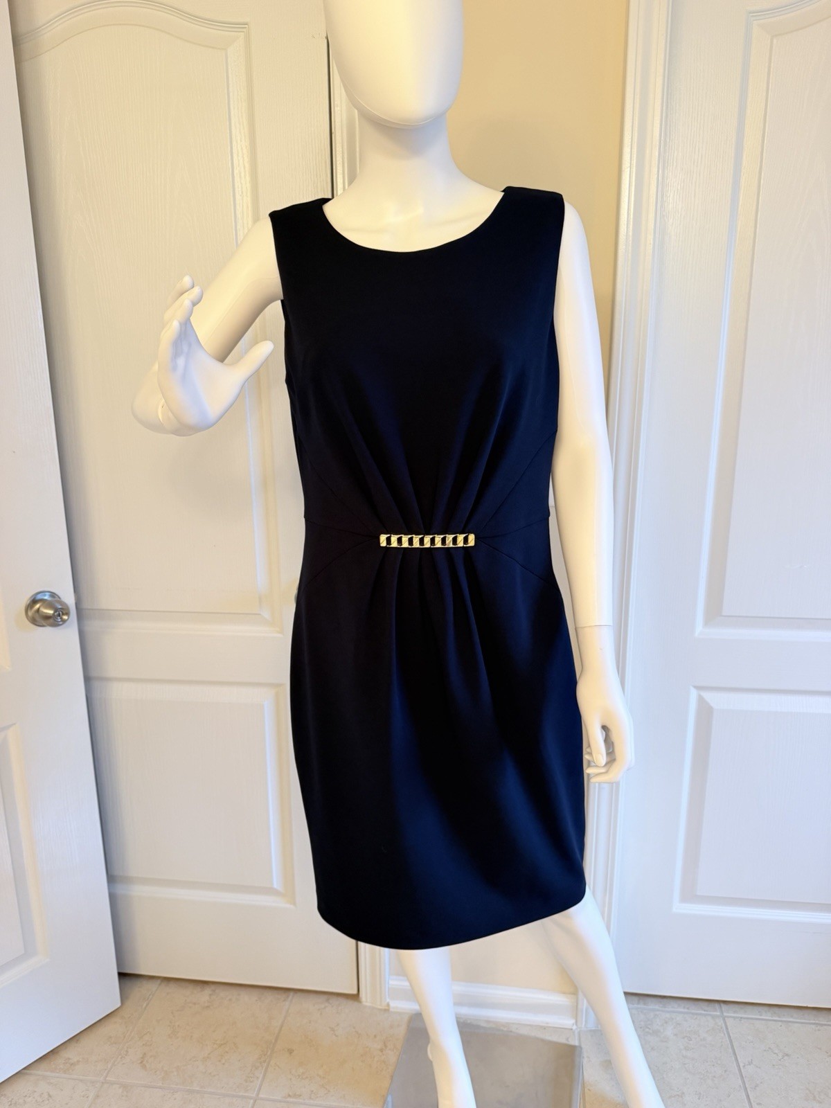 Calvin Klein Navy Blue Sleeveless Midi Dress with Gold Accent Size 12
