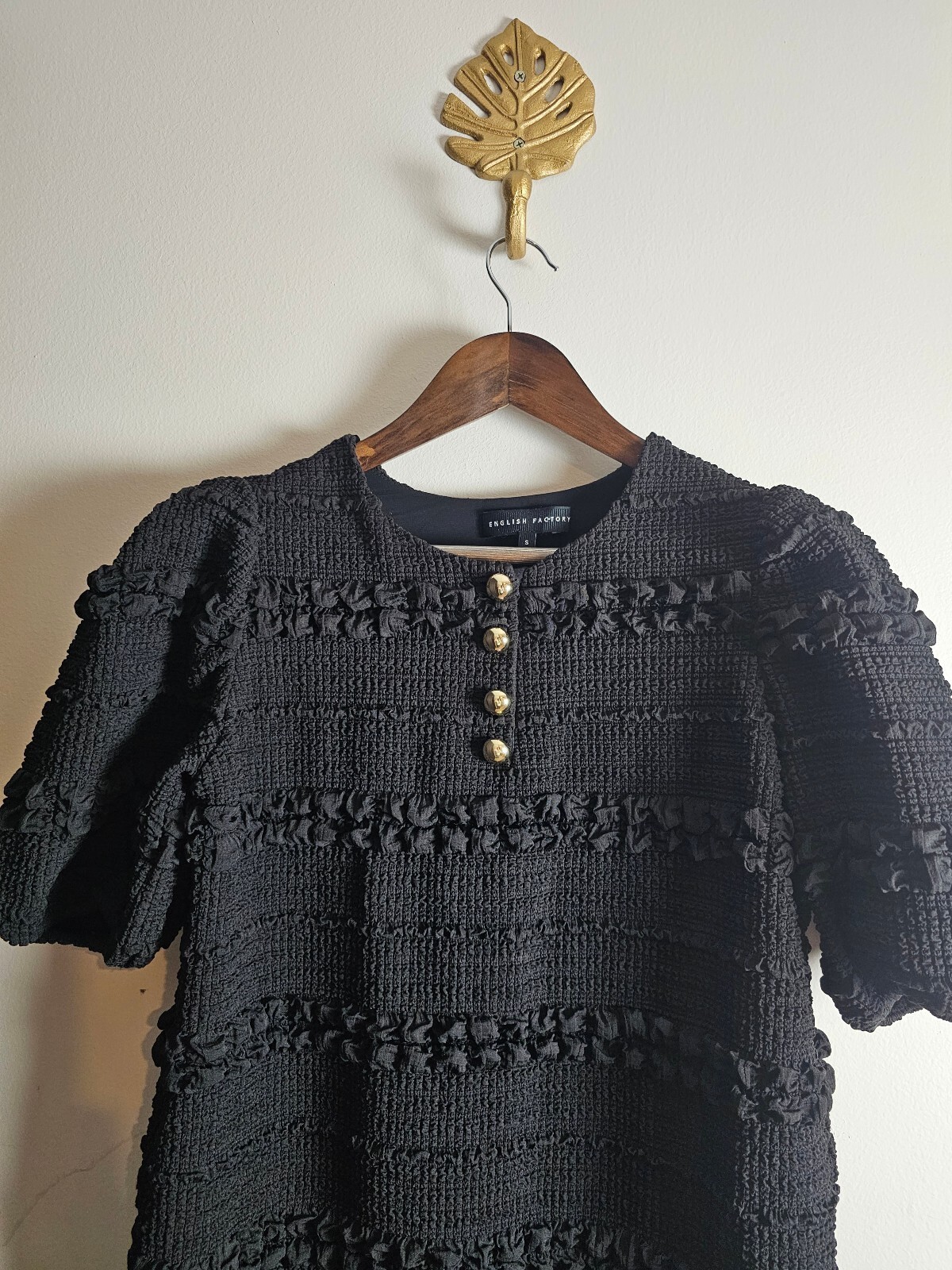 English Factory Dress Black Womens S Textured Puff Sleeve