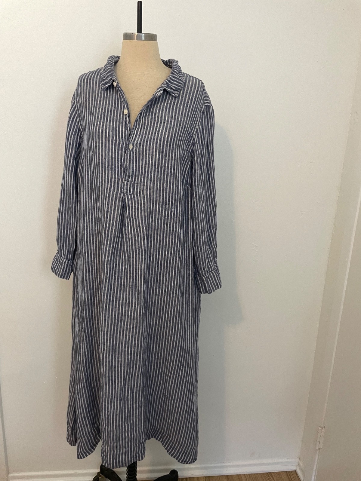 CP Shades Rumer Linen Shirt Dress, Midi Maxi Blue Striped Costal, Size Large