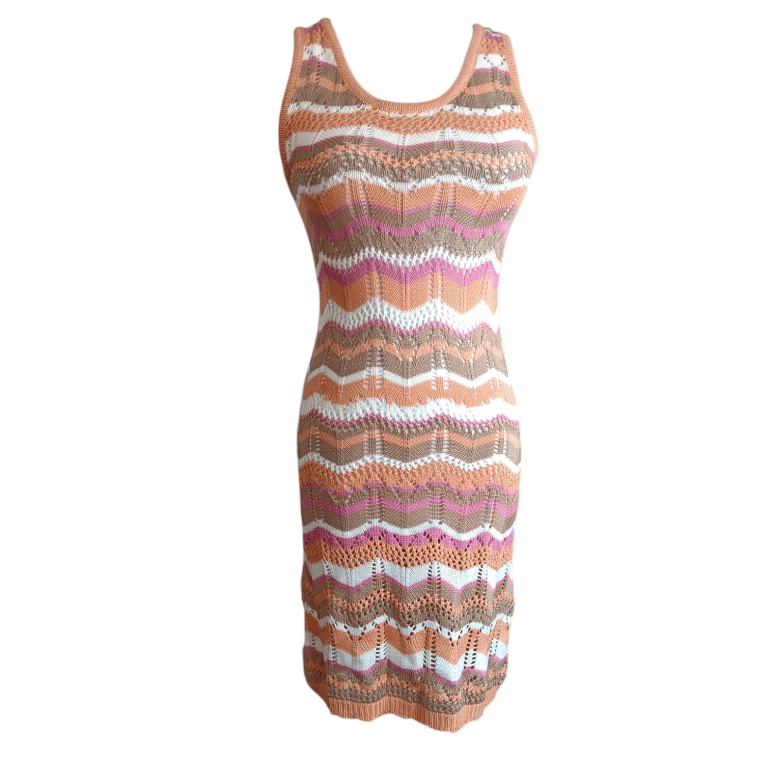 NEW Crochet Dress Size Small Chevron Pattern Peach Pink White Brown Stretchy