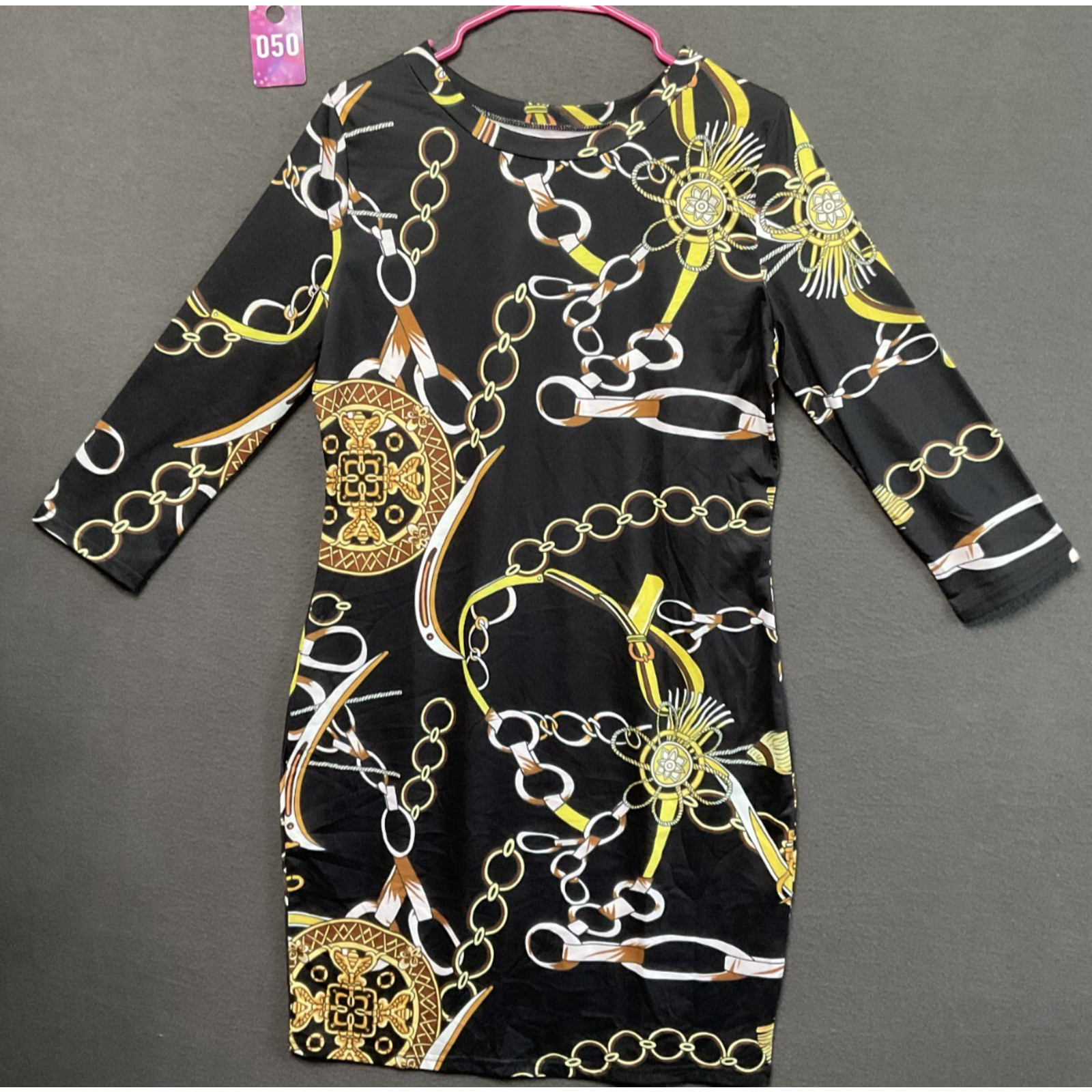 Womens 2XL Chain Print Dress Long Sleeve Stretch Knit Brown Black Tan