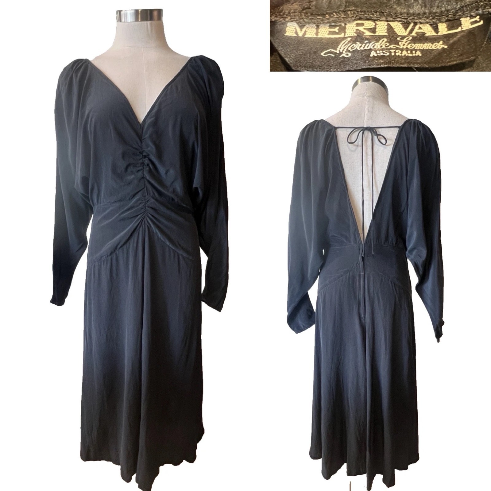 HOUSE OF MERIVALE ’80s Vintage Black Silk Crepe de Chine Midi Dress 12AUST/8US