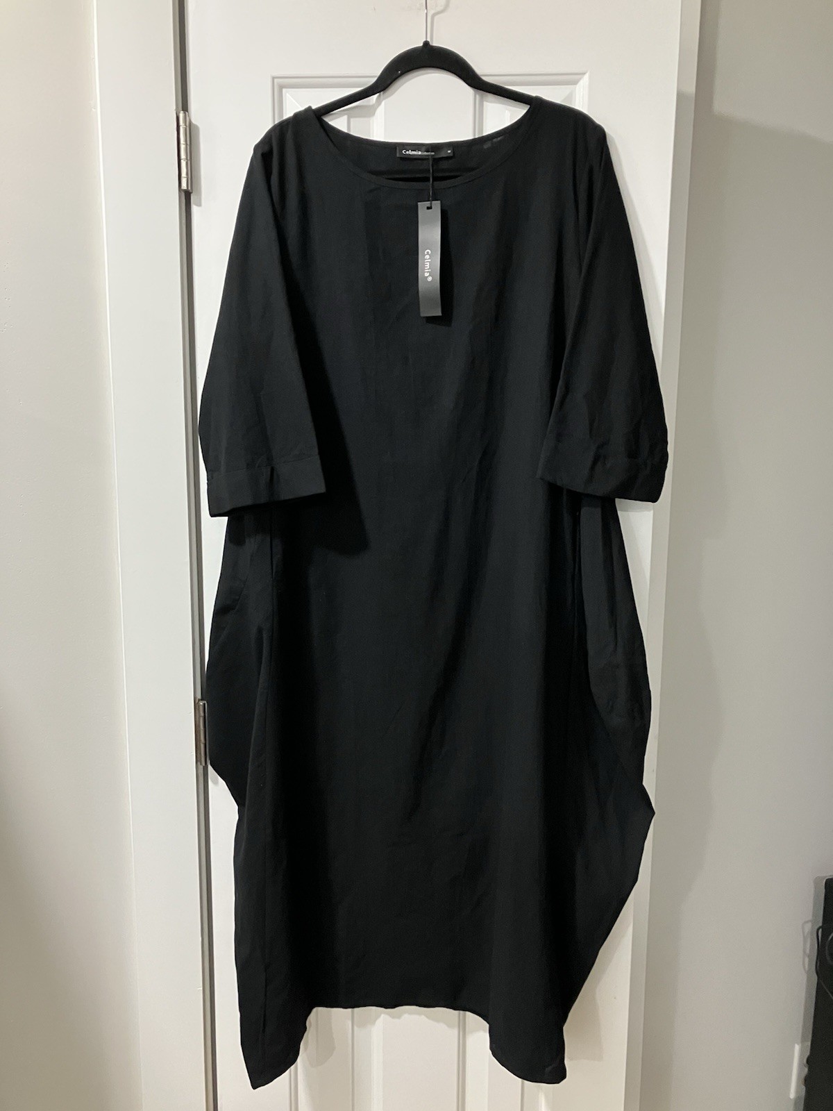 CELMIA Collection Dress Size Medium Midi Black Cotton Elbow Sleeve Oversized NWT