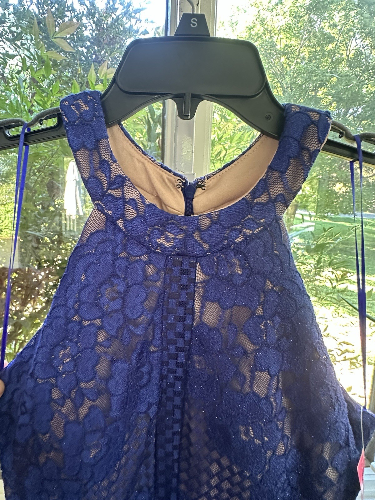 Morgan & Co. Blue Floral Lace Halter Sleeveless Long Gown Zip Sheer S/6