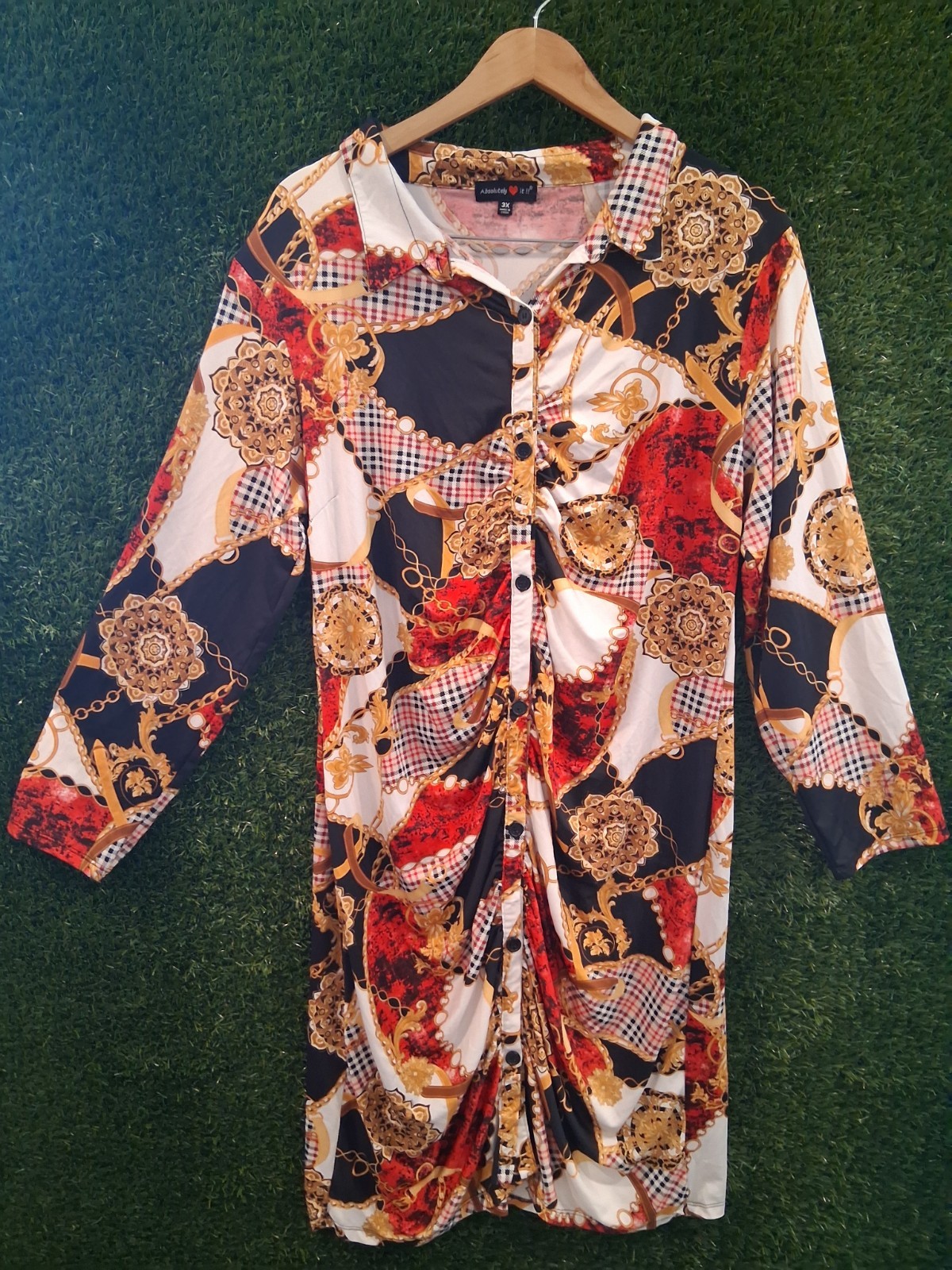 Absolutely Love It Baroque Chain Print Shirt Dress Ruched Plus Size 3X Red Gold