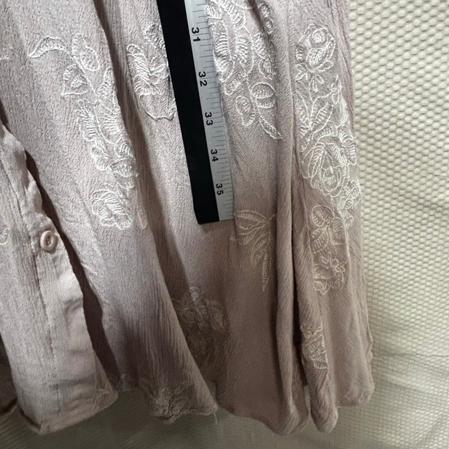 Mod Ref Taupe Embroidered Floral Dress Size S Button Front Boho Wedding Guest