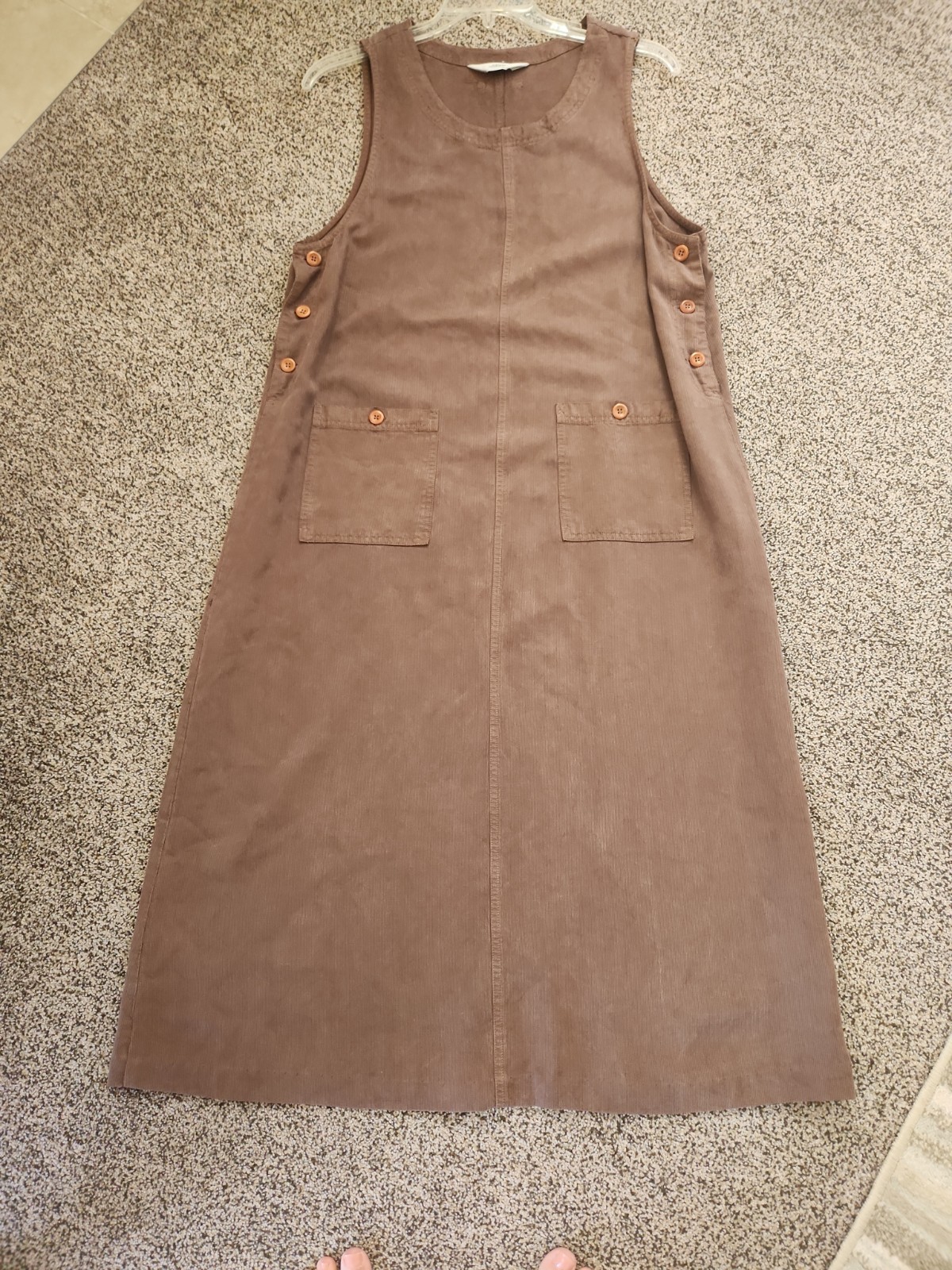 Vtg AKS Amy K Su Womens Large Pinafore Jumper Dress Pockets Fine Corduroy Brown