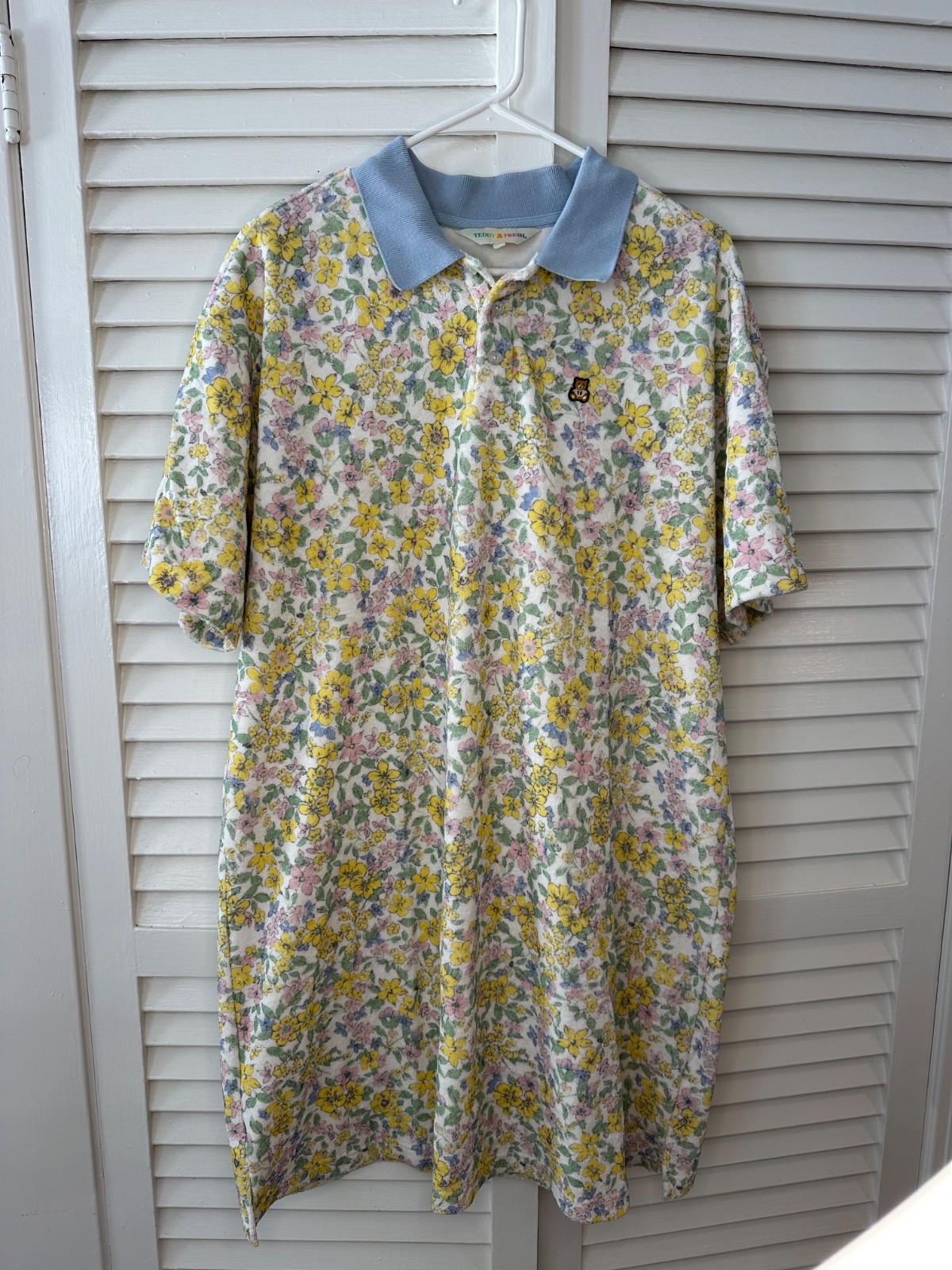 Teddy Fresh Size L / XL Pastel Yellow Floral Terry Toweling Polo Shirt Dress
