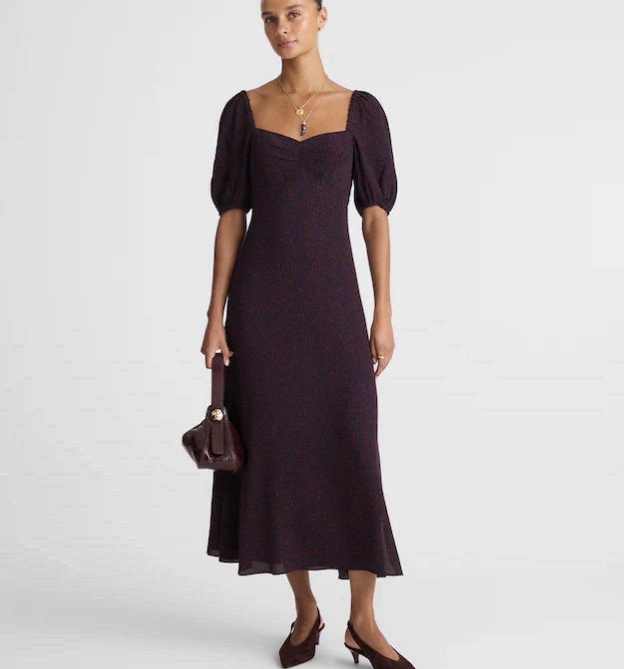 MADEWELL Women’s 8 Puff Sleeve Sweetheart Midi Dress Abstract Leaf Navy Burgundy
