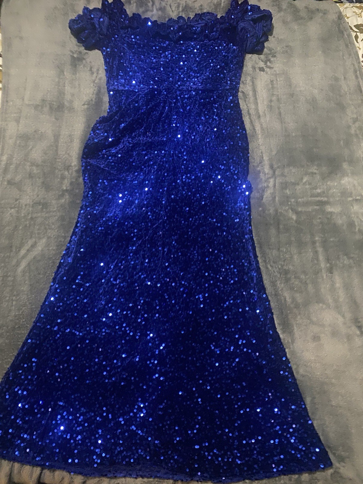 Dasmzper Blue Sequin Off Shoulder Bodycon Dress XL Ruffle Sleeve Zip Long