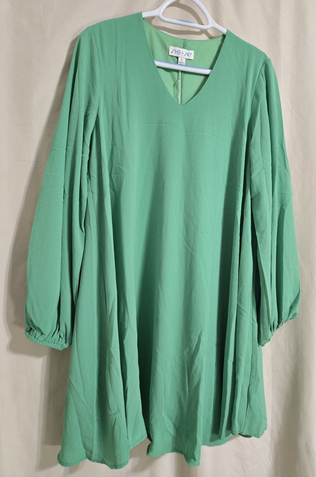 SHE + SKY Green V-Neck Long Bubble Sleeve Dress Size Small New With Tags