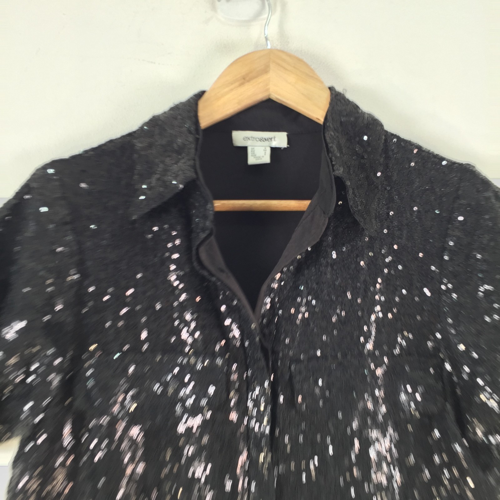 Extro Vert shirt dress mini womens 6 black sequin short sleeve collar 116962