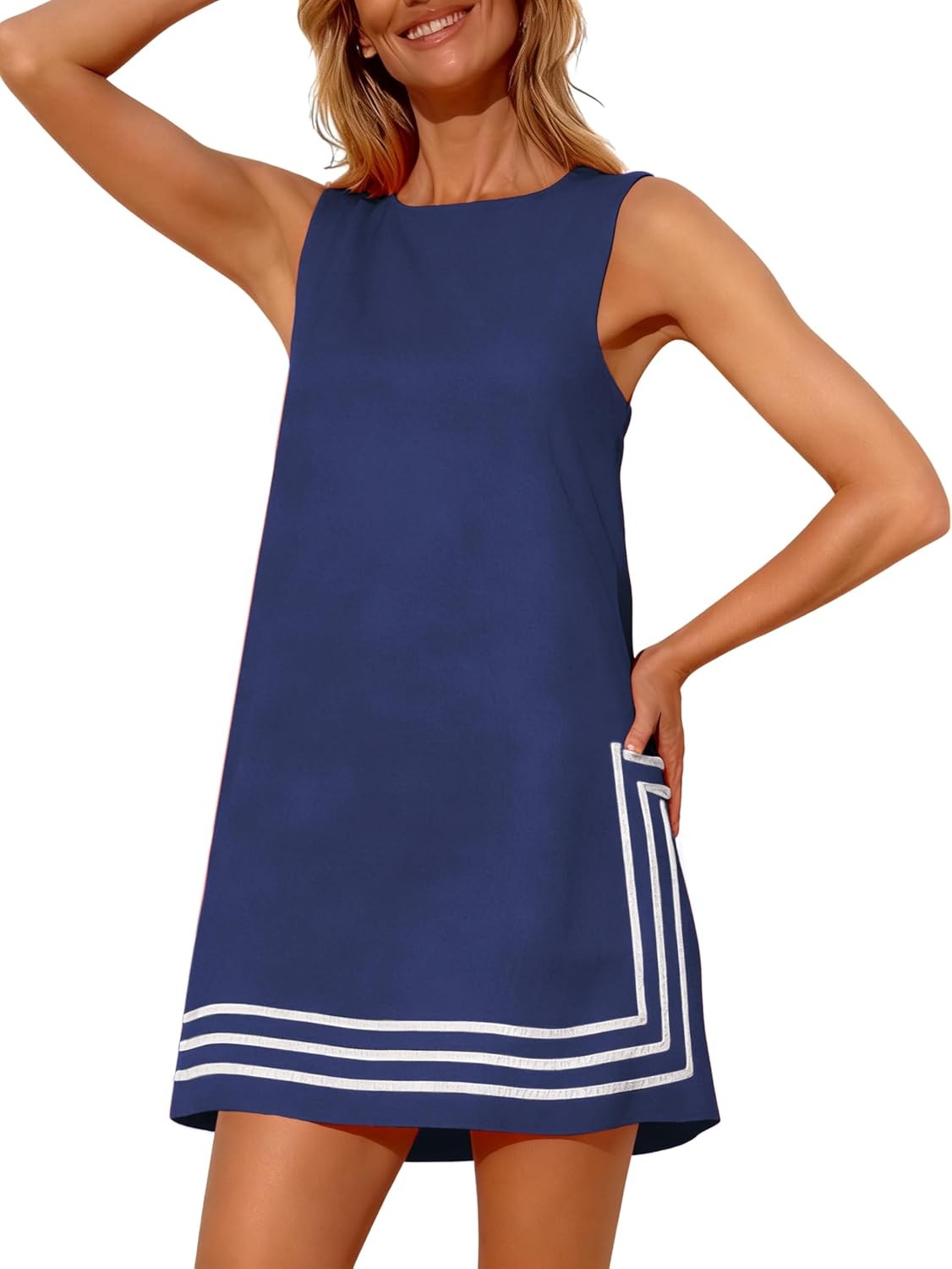 Womens Summer Boho A-Line Mini Dress Sleeveless Sundress Color Block Beach Cover